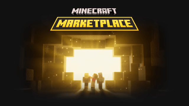 Three Minecraft characters heading out of a cave under the Minecraft Marketplace logo.