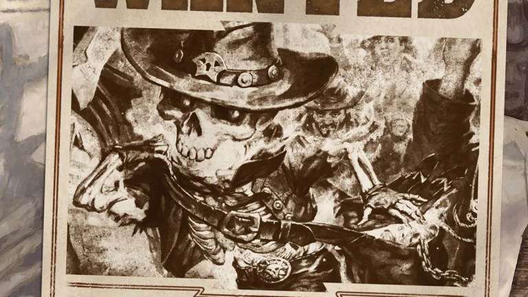 A Wanted poster of Tinybones, a small skeleton with a cowboy hat, in MTG OTJ.