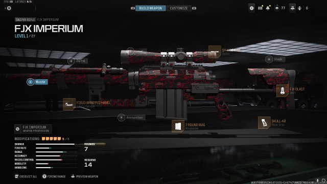 The FJX Imperium in MW3's loadout creator screen.