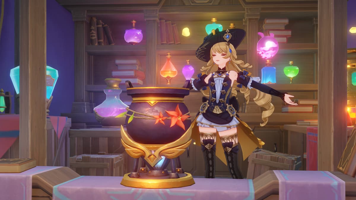 Navia standing by the potion brewing station in Genshin Impact.