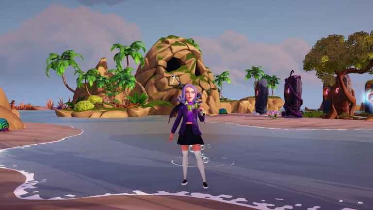 The player holding a fishing rod while standing on the beach in Disney Dreamlight Valley.