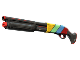 A sawed off shotgun in CS2 with a yellow, , green, blue, and red stripe painted on its side resembling the analog input cables of old televisions. 