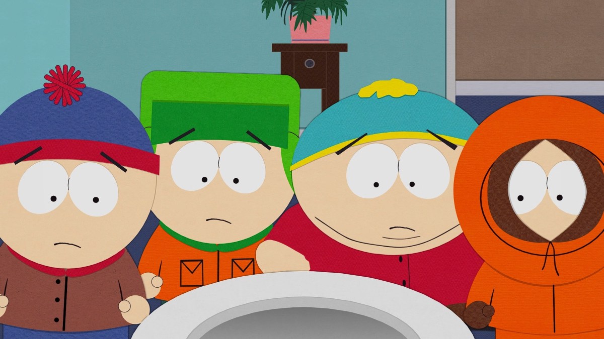 Stan, Kyle, Cartman, and Kenny looking down the toilet in South Park: Snow Day!