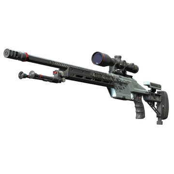 The SSG-08 Sniper Rifle in Counter-Strike 2 painted grey and black, it has a scope and a bipod is attached and raised below the muzzle. 