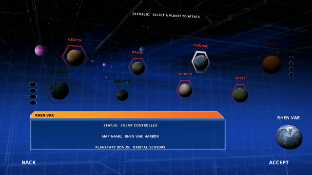 The galaxy map in the Galactic Conquest mode in Star Wars: Battlefront Classic.