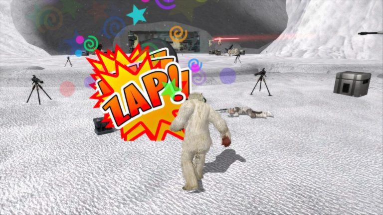 A comic book effect over a Wampa attacking a Rebel soldier in Star Wars Battlefront Classic.