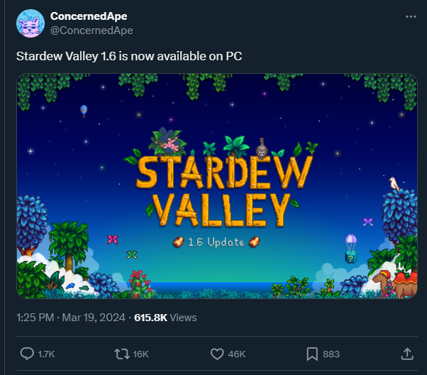 Stardew Valley 1.6 announcement from Conder