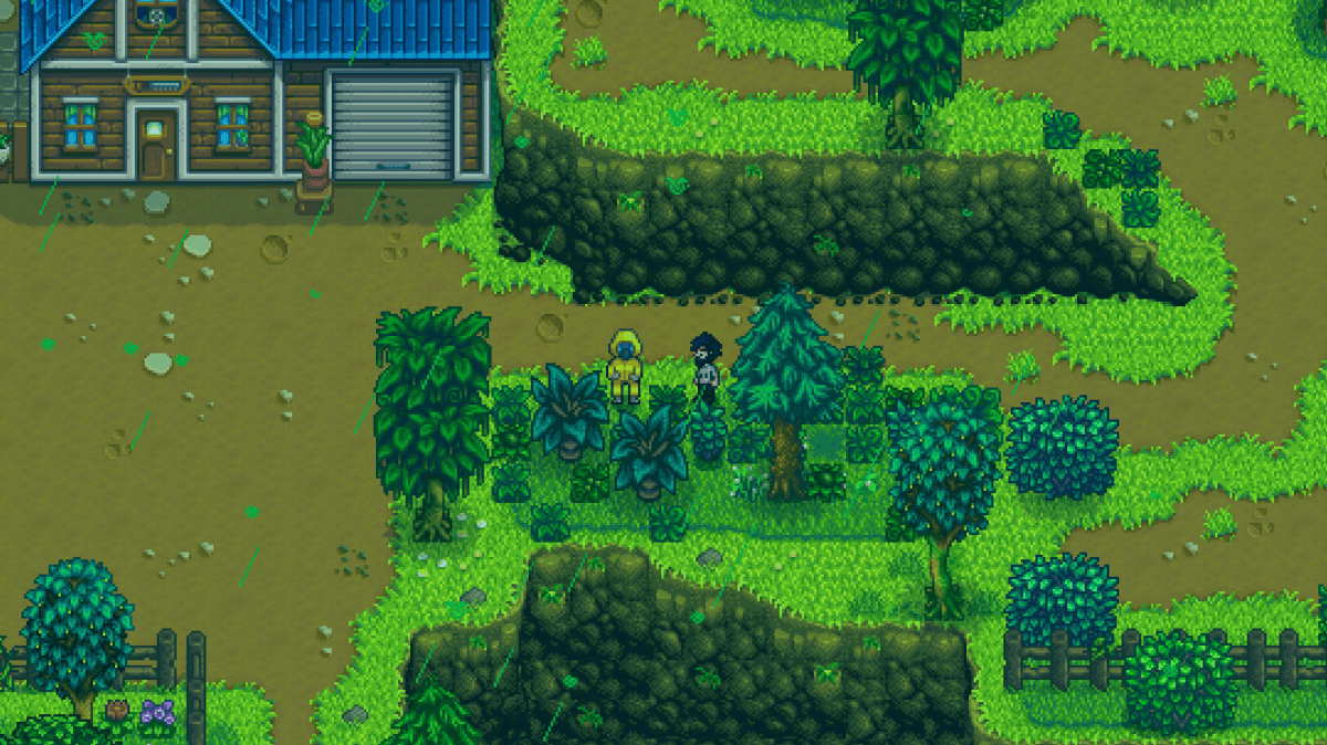 NPC Demetrius outside in a hazmat suit surveying the green rain in Stardew Valley.