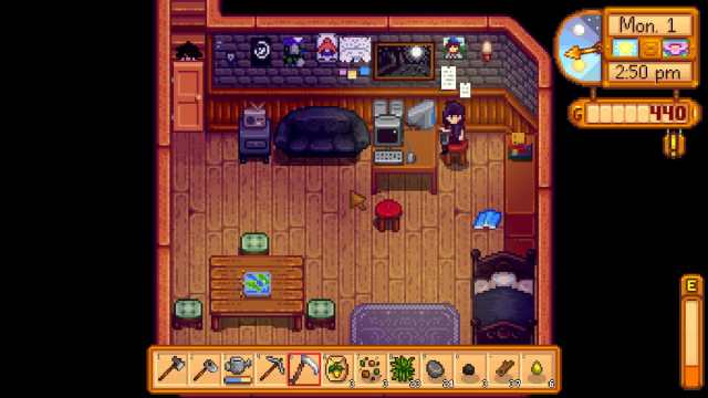 Sebastian working on his computer in Stardew Valley.