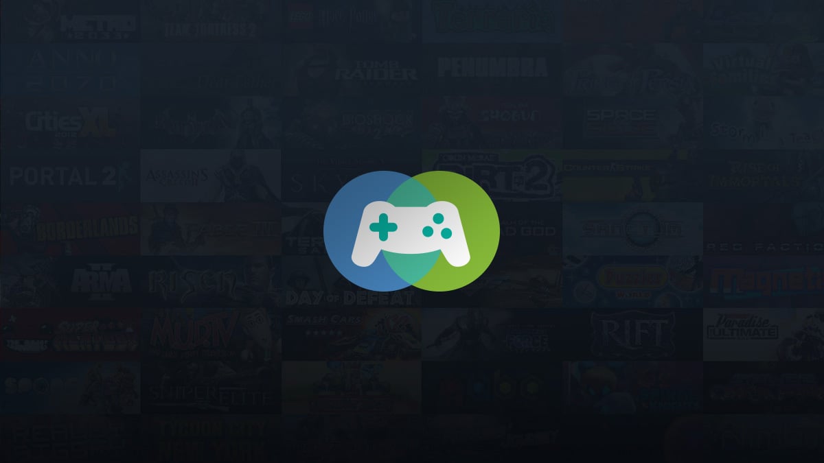 The Steam Families icon in front of a Steam library of games.