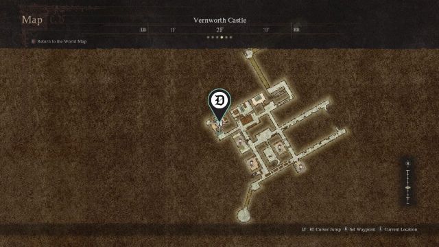 The Vernworth Castle second floor map with Sven's Chambers marked by a Dot Esports pin.