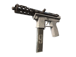 A tec-9 semi-automatic pistol in CS2 painted grey with a military green-gold magazine with a 9 stamped on it. 