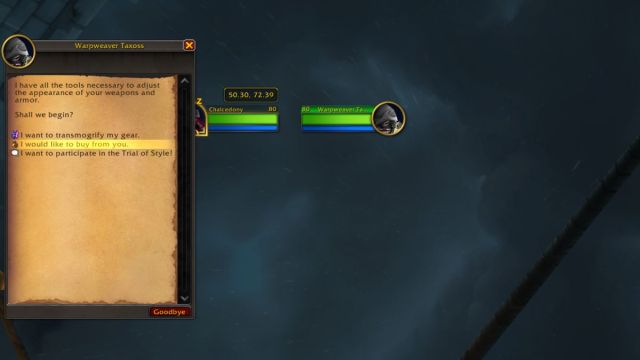 Transmog NPC Trial of Style quest dialogue in World of Warcraft.