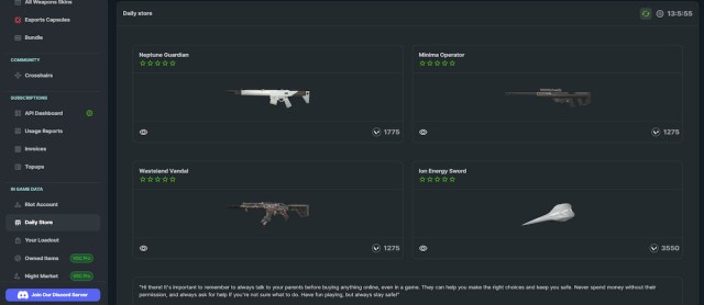 Daily store tab in the VALORANT Store checker