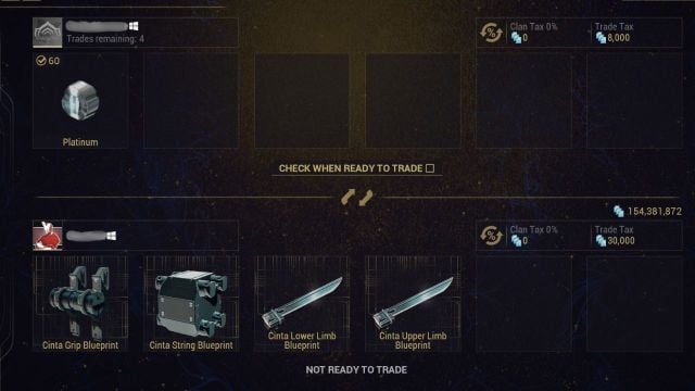 A screenshot of a trade in the Clan Dojo in Warframe