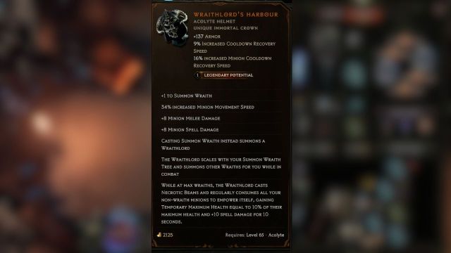 A screenshot of Last Epoch's Wraithlord's Harbour item description on a blurry background.