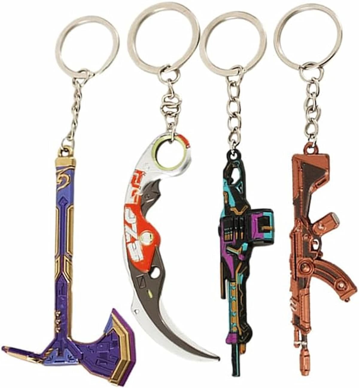 An image of four Valorant weapon keychains.