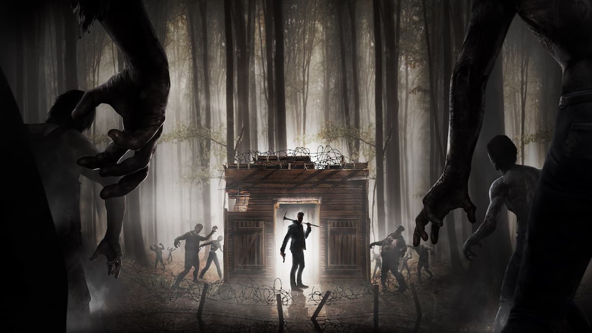 7 days to die artwork, with character surrounded by zombies.