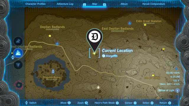 A section of the map from The Legend of Zelda: Tears of the Kingdom with a map marker near the Thyphlo Ruins.