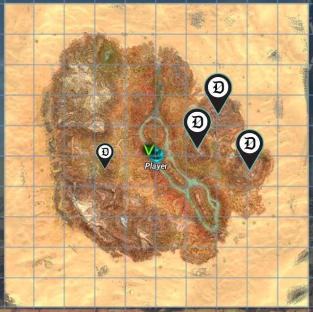 A screenshot of the Scorched Earth map in Ark: Survival Ascended with markers for metal locations.