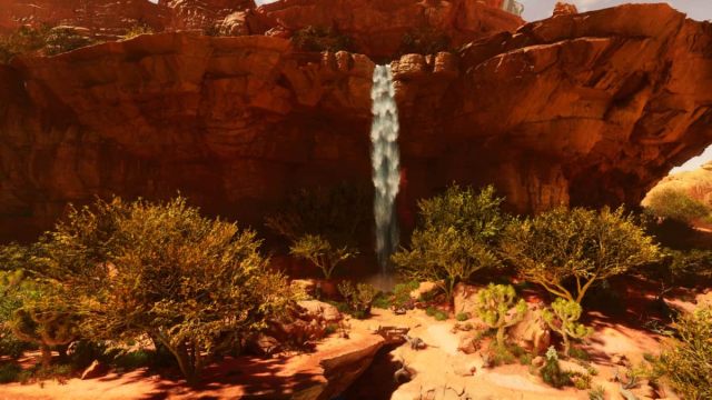 A Waterfall above a flat area in Ark: Survival Ascended Scorched Earth.