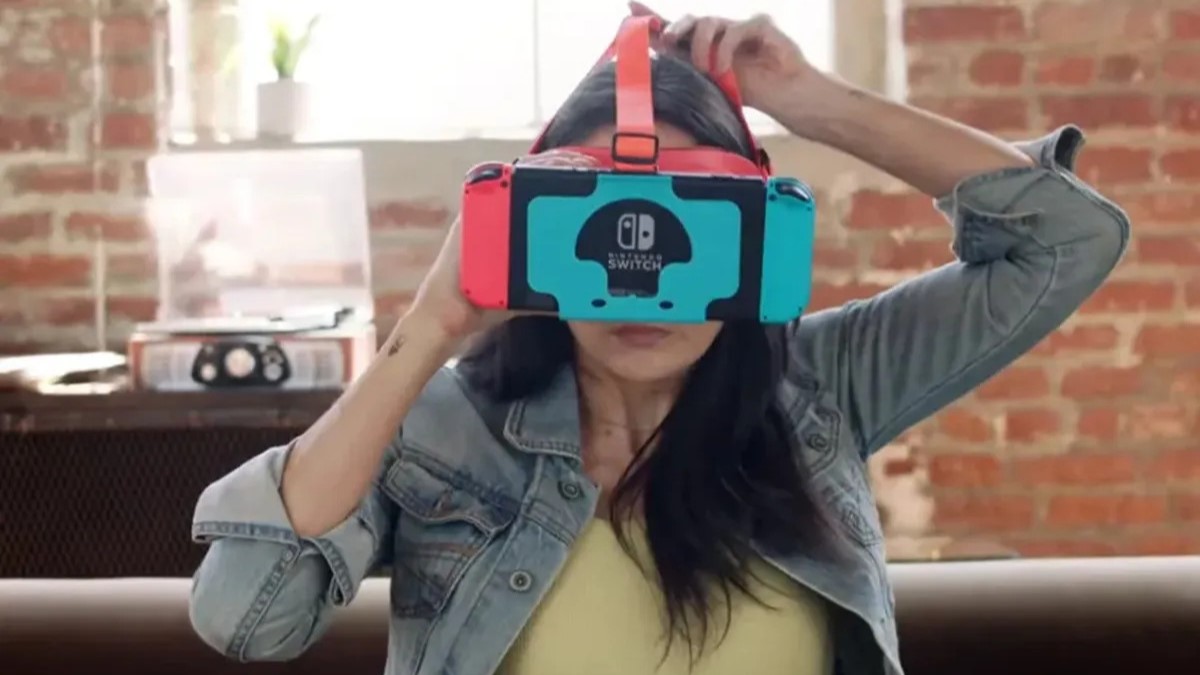 A woman putting on the "Virtual Boy Pro" accessory for the Nintendo Switch.