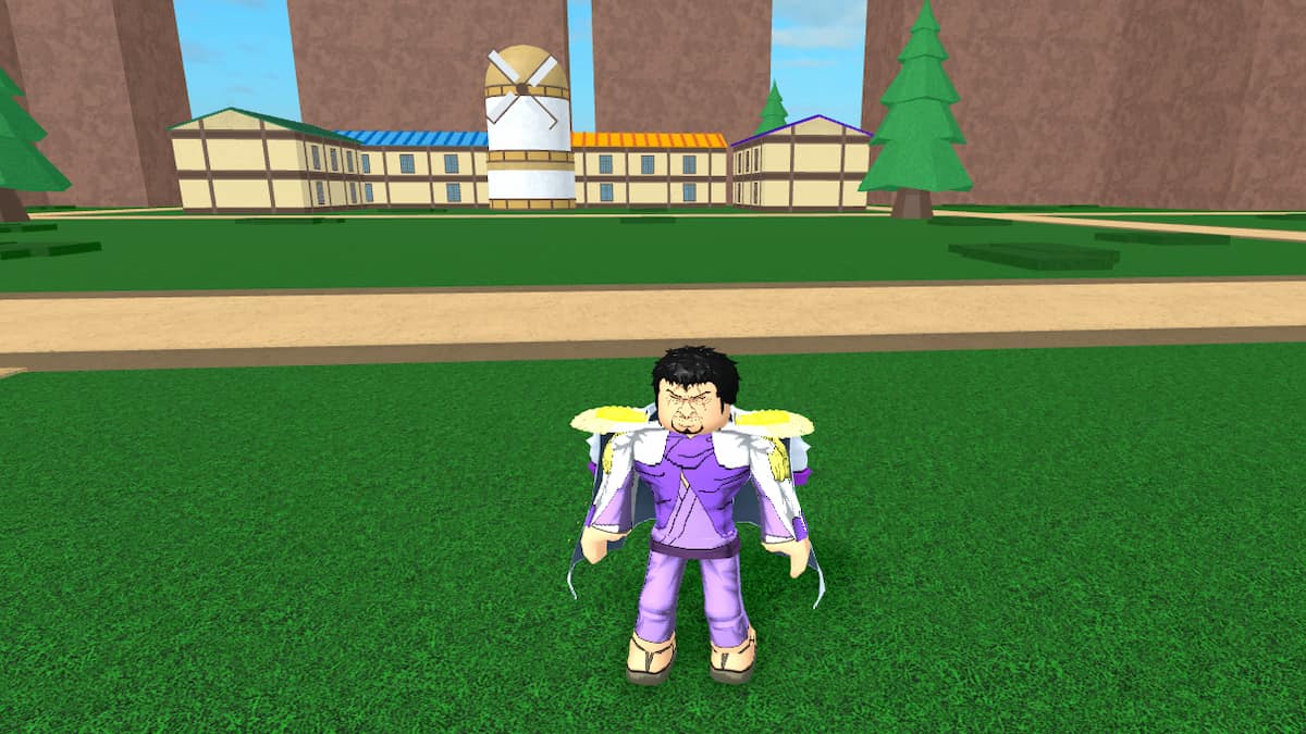 A character stands in a grass lawn outside a house in Blox Fruits.