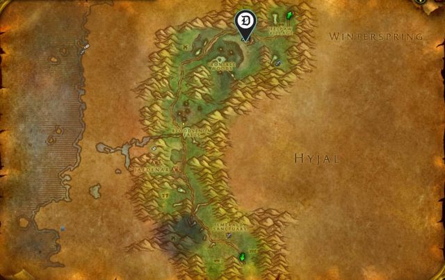 A map of Felwood in WoW Classic with instructions for the Cleansing Felwood quest marked .