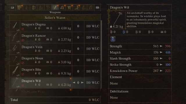 The Dragon's Wit weapon in Dragon's Dogma 2, in the game's menu.