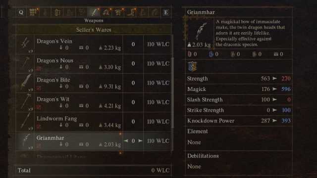 The Grianmhar weapon in Dragon's Dogma 2, in the game's menu.