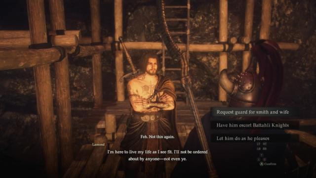 The Arisen talks to Lamond during the evacuation of Volcanic Island Encampment in Dragon's Dogma 2.