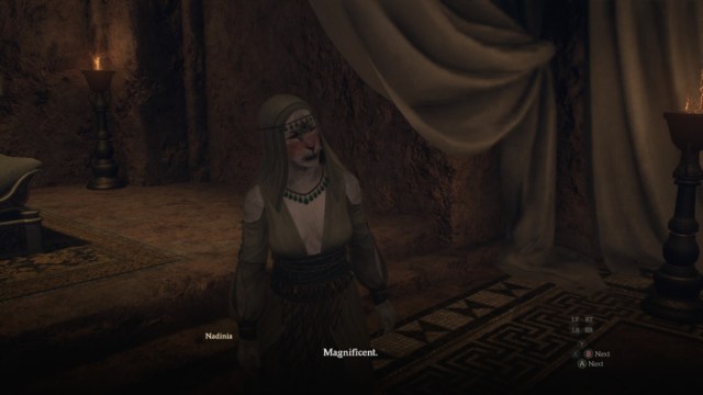 The empress of Bakbattahl Nadinia accepts a gift from the Arisen in Dragon's Dogma 2.