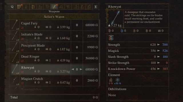 The Rhewynt weapon in Dragon's Dogma 2, in the game's menu.