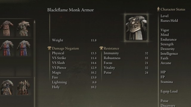 The medium armor Blackflame Monk Chestpiece in Elden Ring.