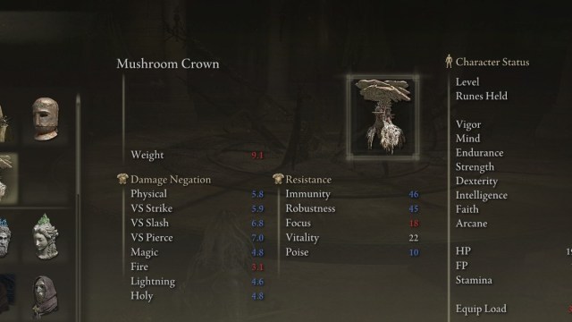 The Mushroom Crown helmet in Elden Ring.