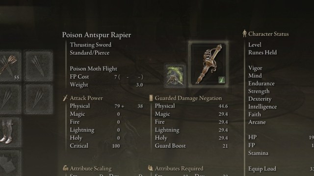 A Poison Antspur Rapier in Elden Ring.