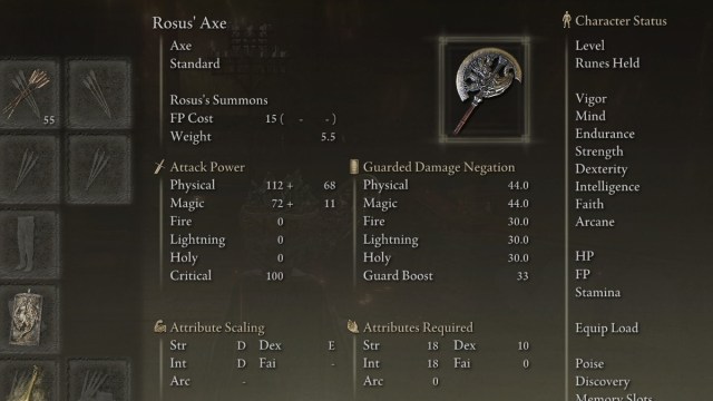 The Rosus's Axe item in Elden Ring in the equipment menu.