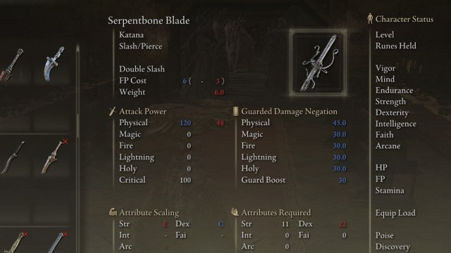 The Serpentbone Blade in Elden Ring.