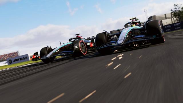 Two Mercedes on track at Silverstone in F1 2024.