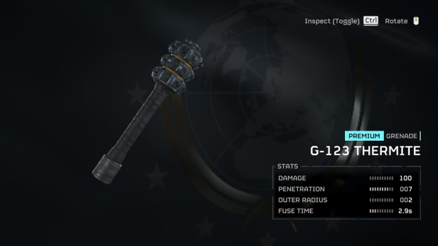 The Stats for the G-123 Thermite Grenade in Helldivers 2.