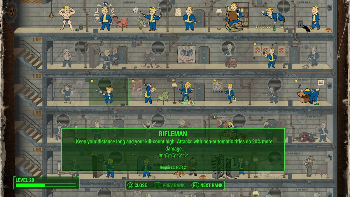 An in game screenshot of the Perk Chart from Fallout 4