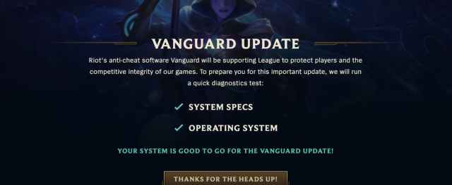 In-game screenshot of the Vanguard message in League of Legends.