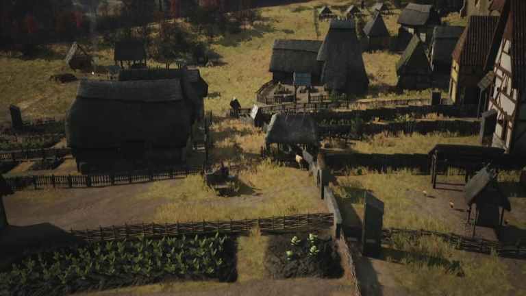 Manor Lords Artisan Burgage Plot home showing workshop shed and carrot fields