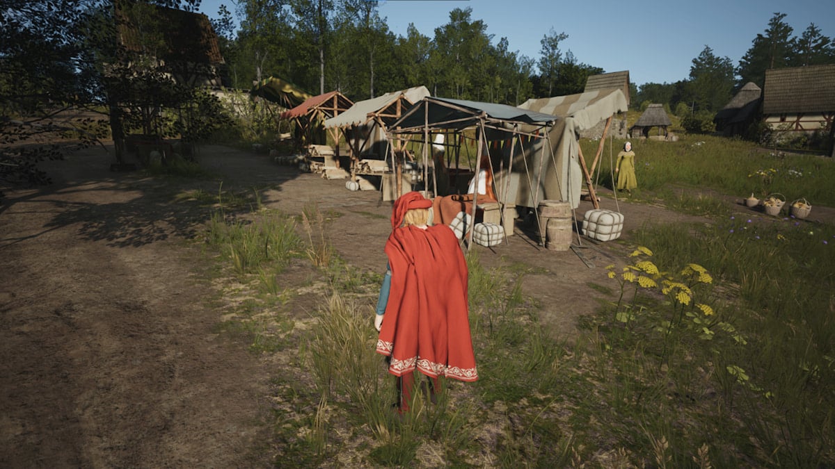 Man in cloak standing in front of market stalls.