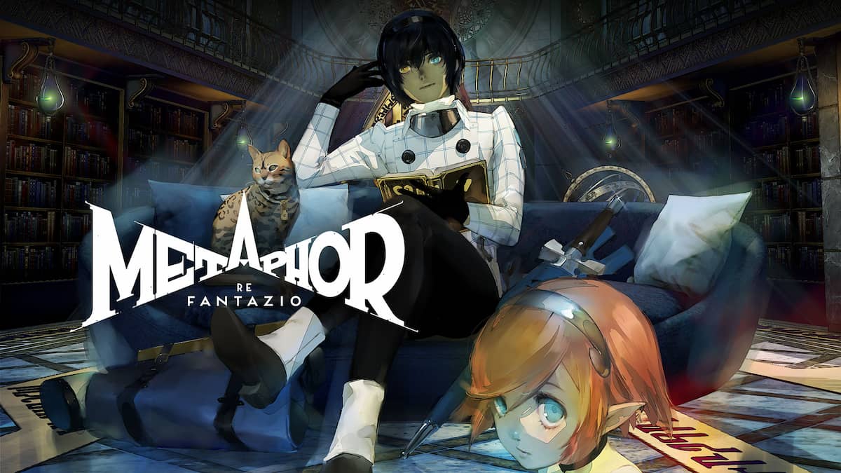 A character reclines in a chair with the Metaphor: ReFantazio logo in front of him.