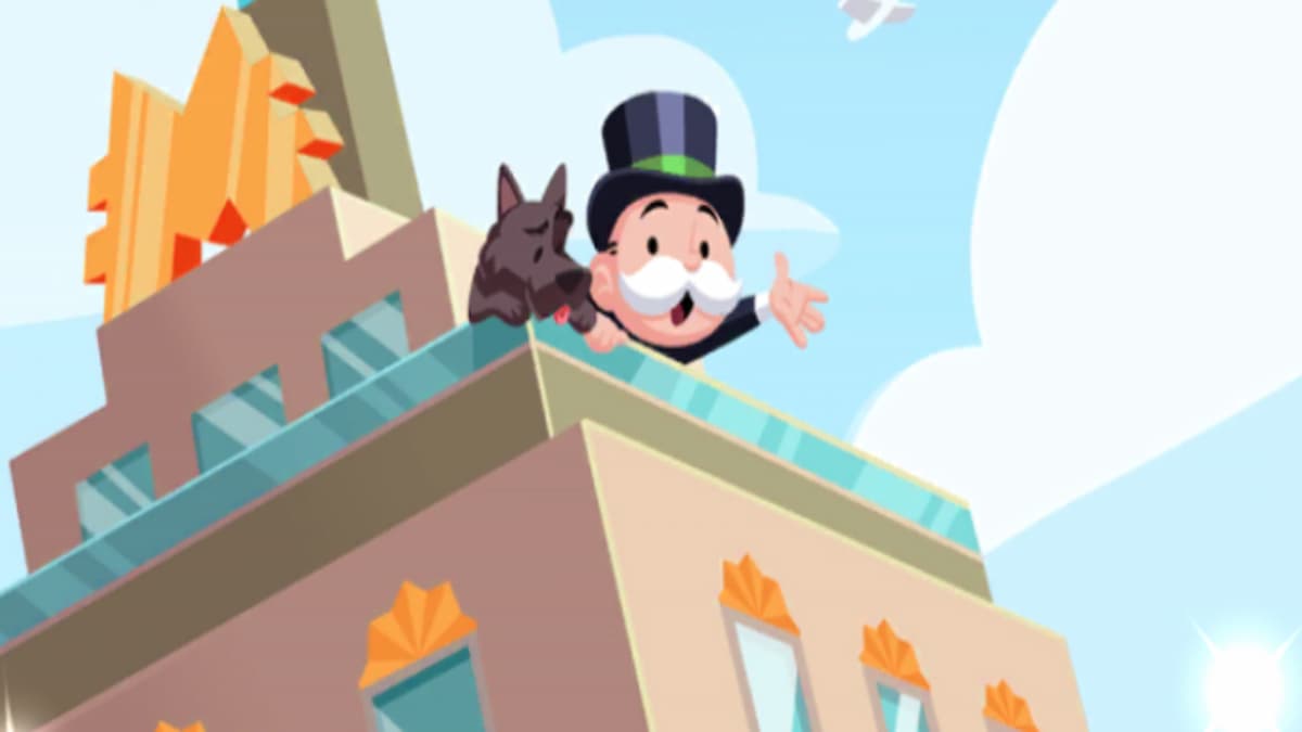 Mr. Monopoly throwing money of building in Monopoly GO