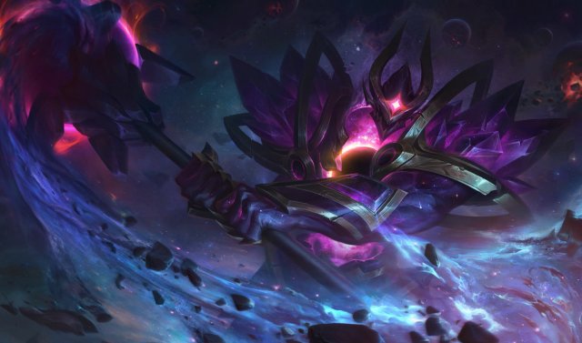 Mordekaiser slamming his hammer on a planet.