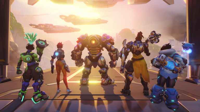 Lucio, Tracer, Reinhardt, Brigitte, and Mei stand facing incoming flying ships that are invading the world.