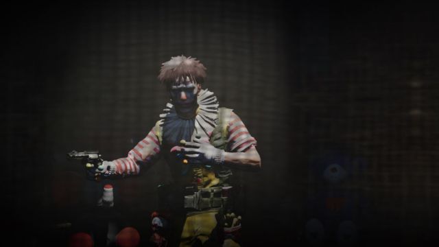 A Once Human screenshot that shows a clown holding a revolved with a creepy film-noise filter.