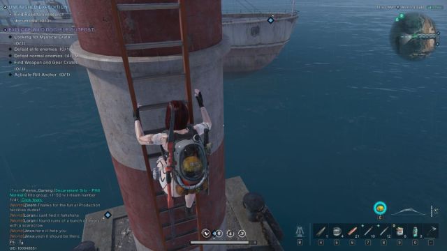 A Once Human screenshot that shows a player climbing a ladder near a ship at sea.
